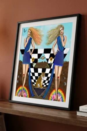 Gemini Art print by Cheryl Olver against orange wall