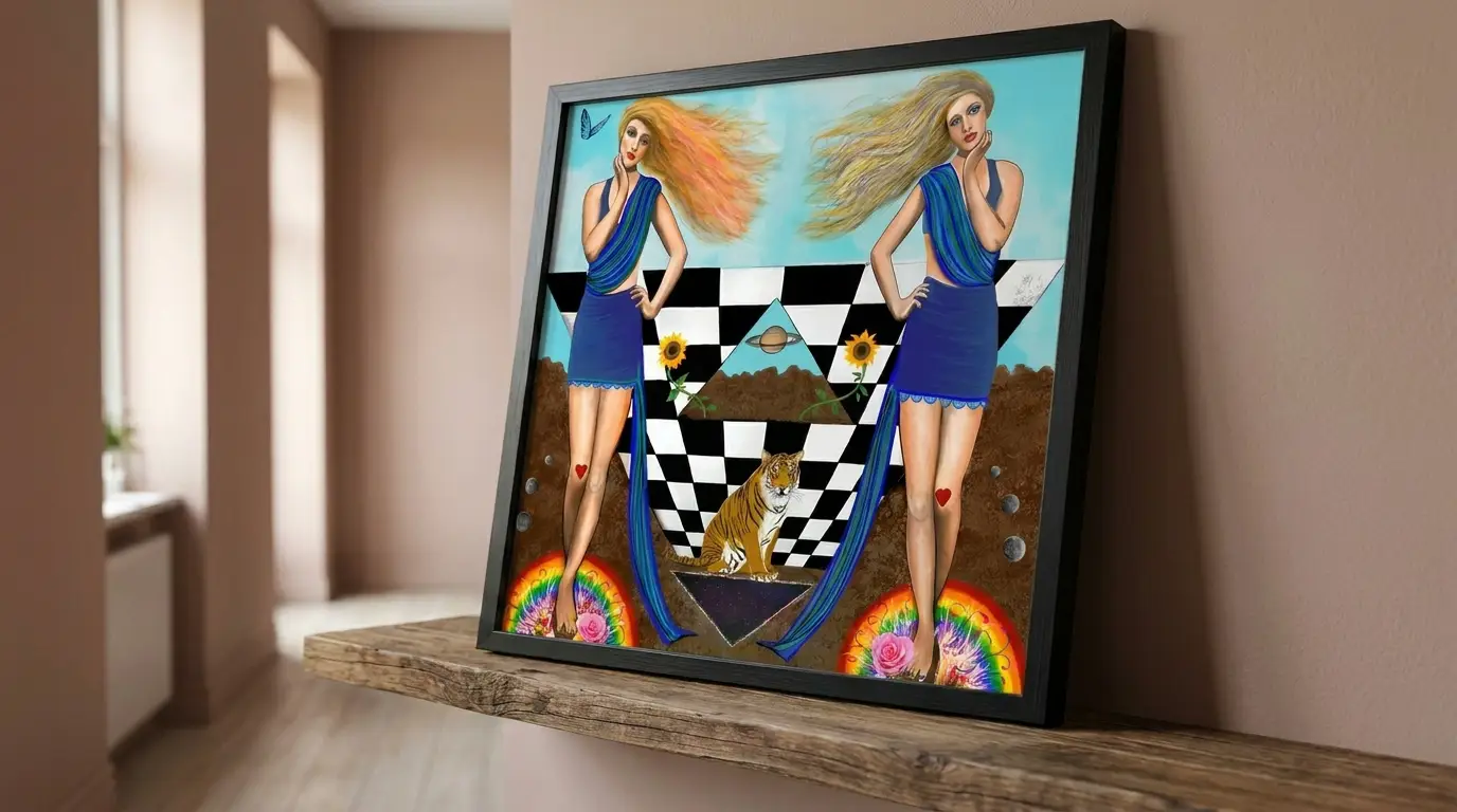 Gemini Art print by Cheryl Olver on shelf in frequently passed area