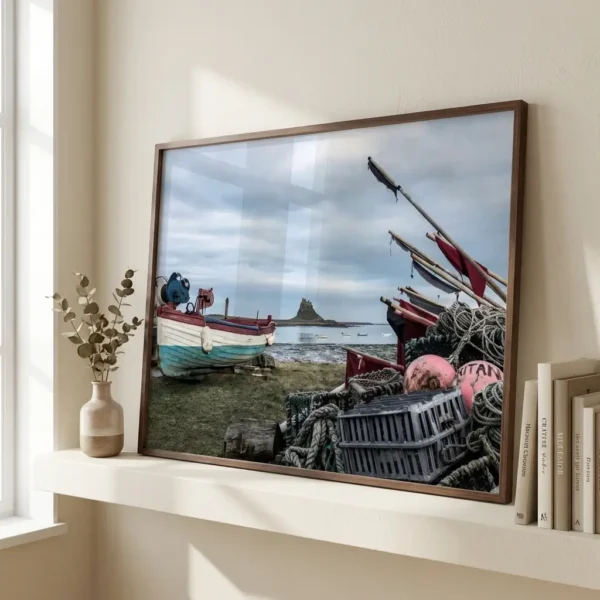 Holy Island crab catcher print on shelf Holy Island crab catcher print on shelf