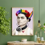 Frida Kahlo gay icon print by Seeress on green wall
