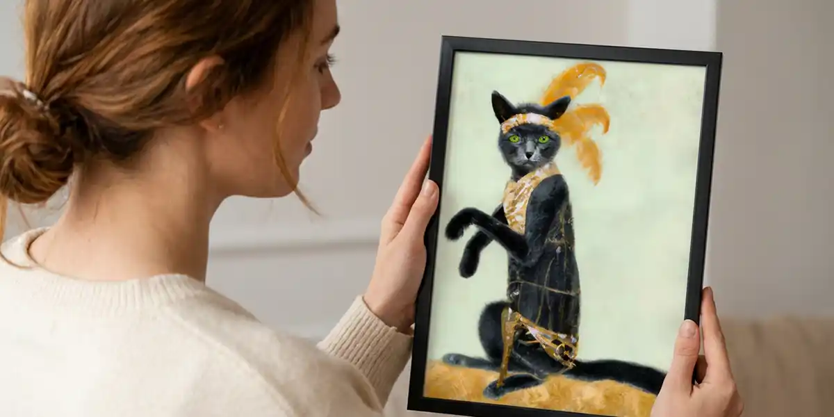 Flapper Cat Digital Print in a black frame held by a woman