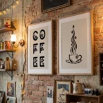 Coffee Art prints on brick wall in cafe