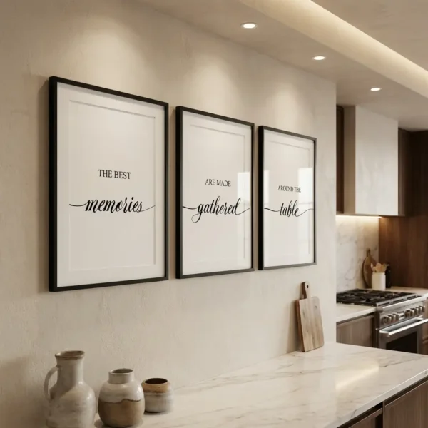 Kitchen art print set of three on kitchen wall