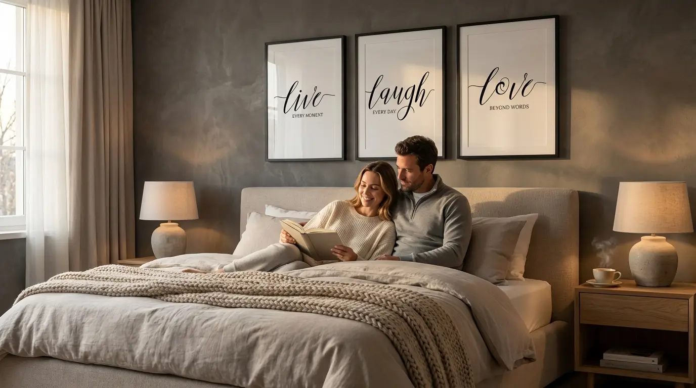 Couple in bedroom with Live Laugh Love art prints