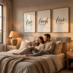 Couple in bedroom with Live Laugh Love prints