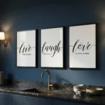 Live Laugh Love art prints in blue kitchen