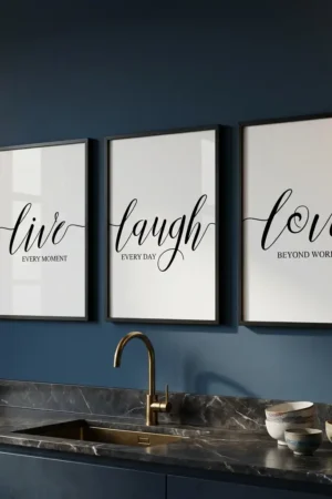 Live Laugh Love art prints in blue kitchen