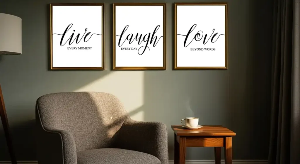 Live Laugh Love art prints in cosy room