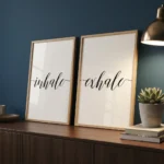 Inhale Exhale prints on blue wall