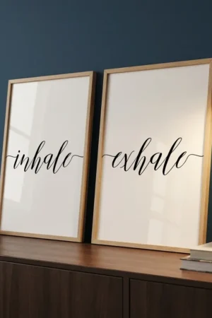 Inhale Exhale prints on blue wall