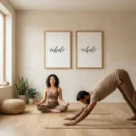 Inhale Exhale prints on wall in exercise room with people stretching