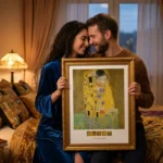 Woman and man holding a framed print of The Kiss by Klimt