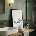 Get Naked print in green bathroom