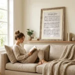 Woman reading book with Amazing Grace print in background