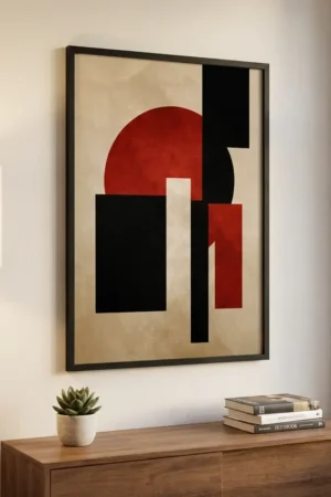 Abstract red black and cream 5 above cabinet
