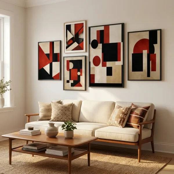 Abstract red black and cream set of 5