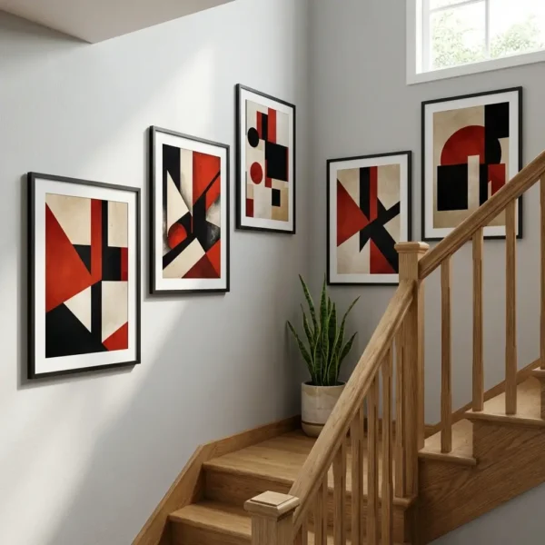Abstract red black and cream set of 5 on stairway