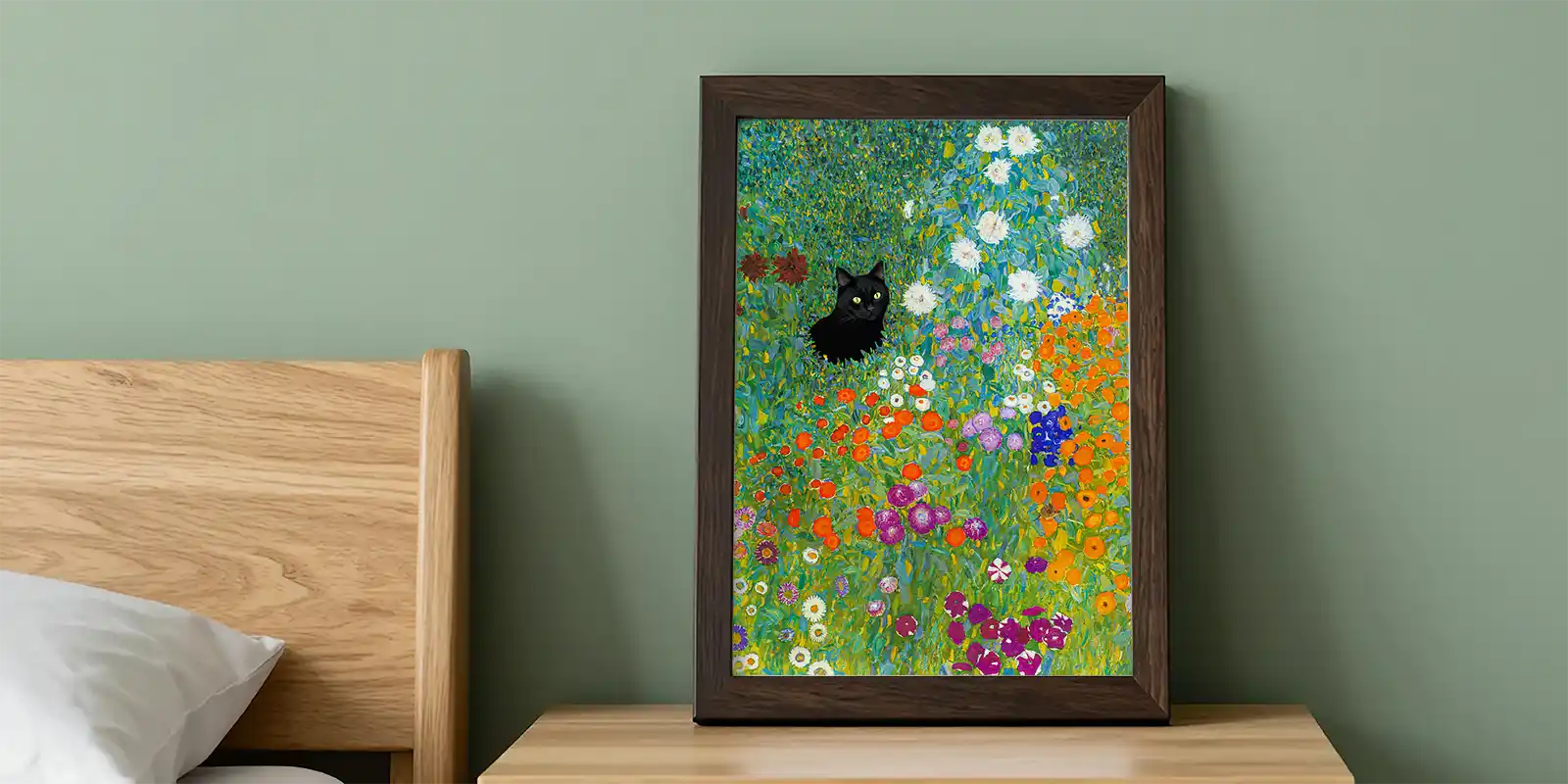 Klimt Bauerngarten with Black Cat Printable Artwork in Bedroom