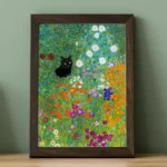 Klimt Bauerngarten with black cat and mouse framed on cabinet