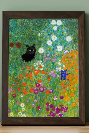 Klimt Bauerngarten with black cat and mouse framed on cabinet
