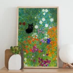 Klimt Bauerngarten with black cat digital print in wooden frame