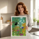 Lady holding medium sized Klimt cat in garden print in kitchen