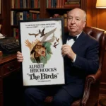 Alfred Hitchcock lookalike holding The Birds Poster