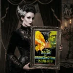 Gothic woman holding Bride of Frankenstein Poster remastered by Download Artwork