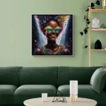 Rainbow Woman by Seeress framed and hung on green wall