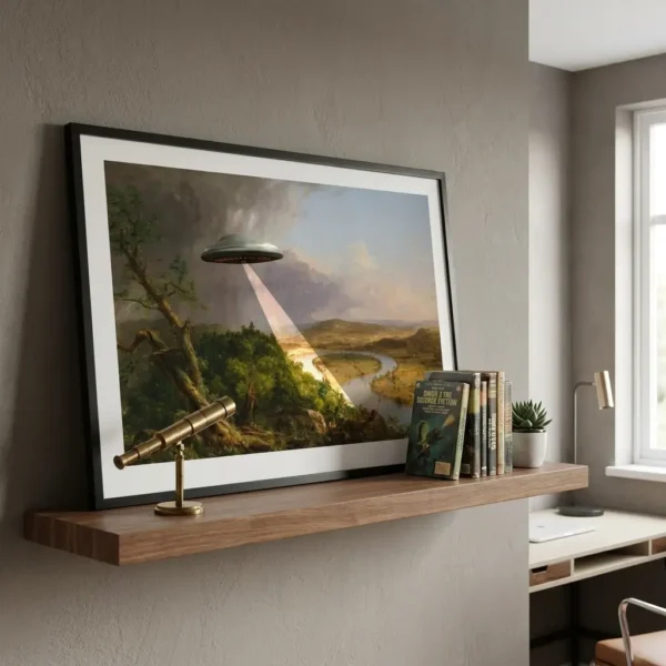 Alien Abduction Art print on wooden shelf