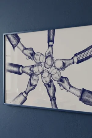 Cheers art print in blue dining room