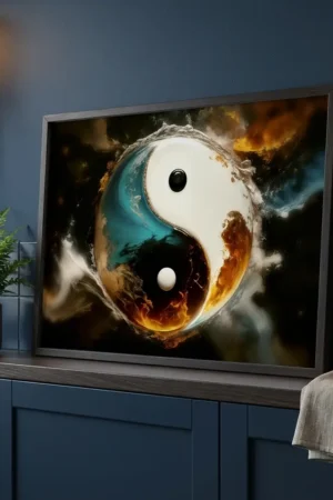 Yin Yang print in blue bathroom