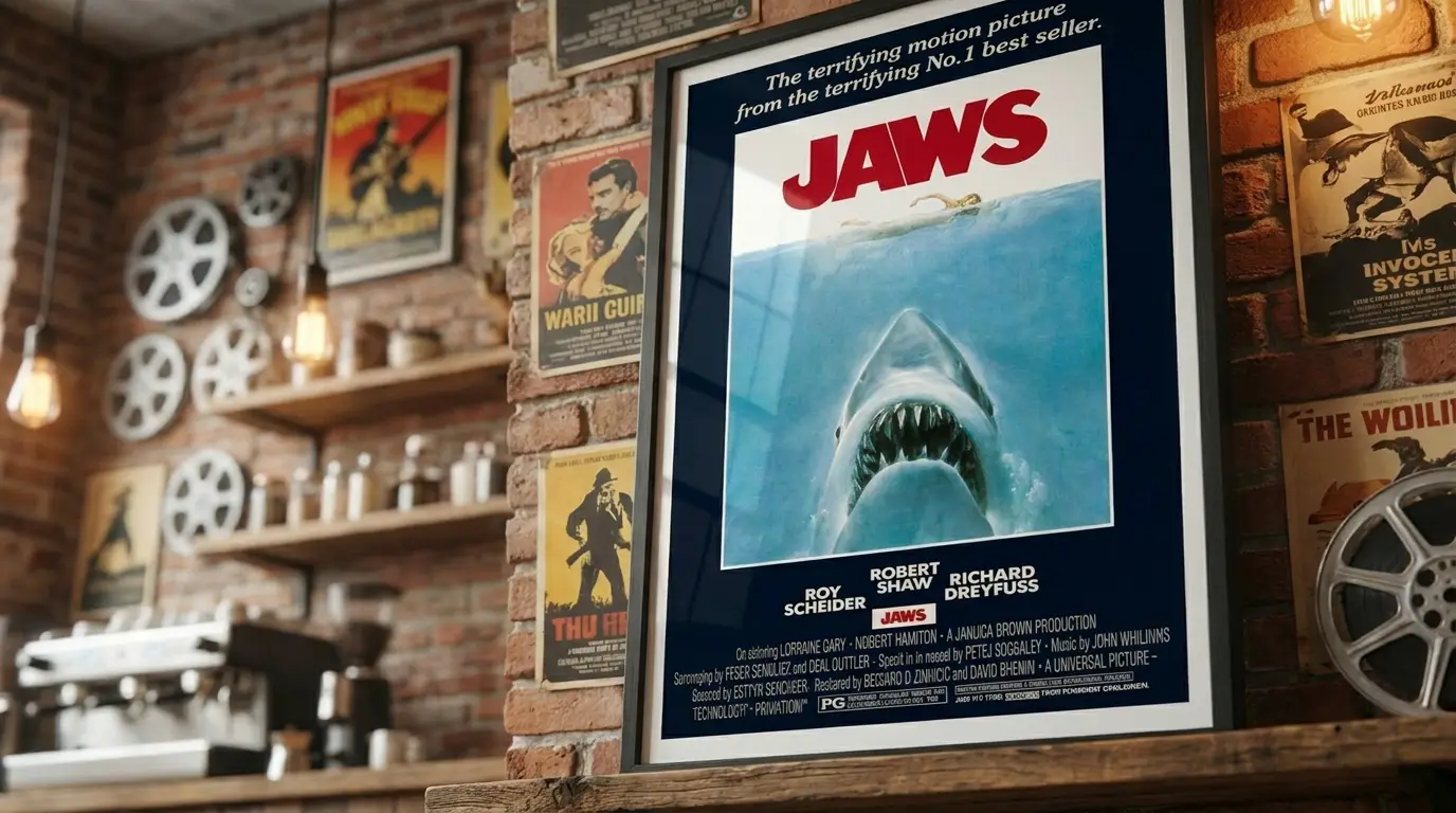 Close up of Jaws poster in restaurant from below