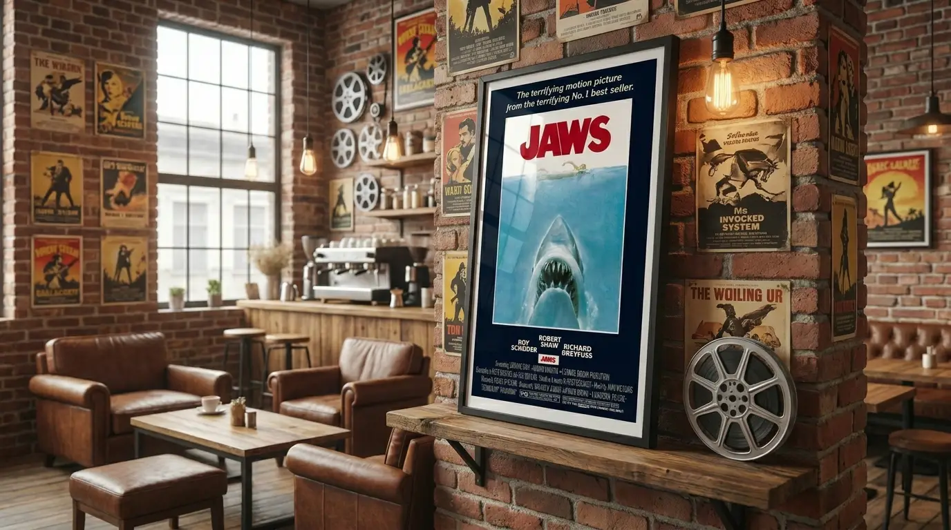 Cozy cafe with exposed brick walls, vintage movie posters, and a framed Jaws poster on a pillar beside a film reel from cinema decor.