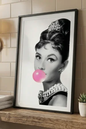 Audrey Hepburn Bubblegum Print in bathroom