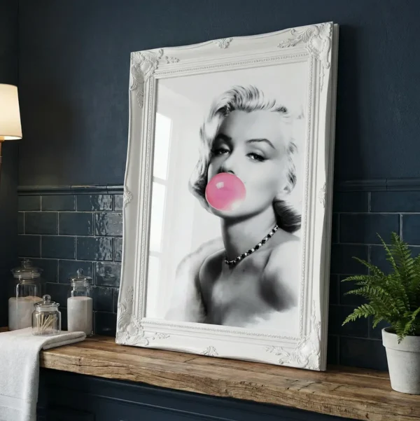 Marilyn Monroe art print in A3 frame in blue bathroom