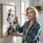 Woman holding large Marilyn Monroe Bubblegum print against wall