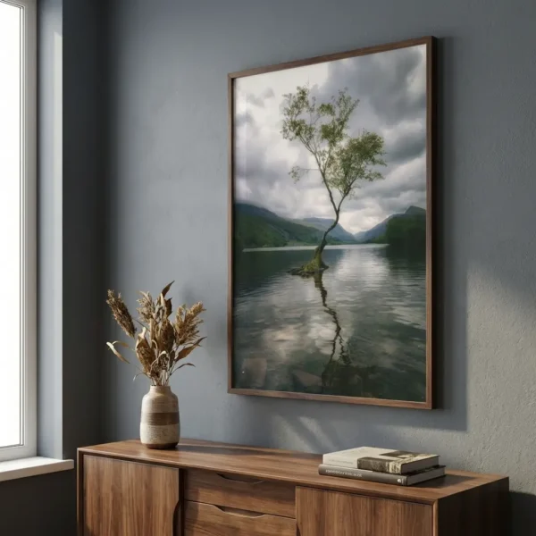 Lone Tree of Llyn Padarn art print above cabinet