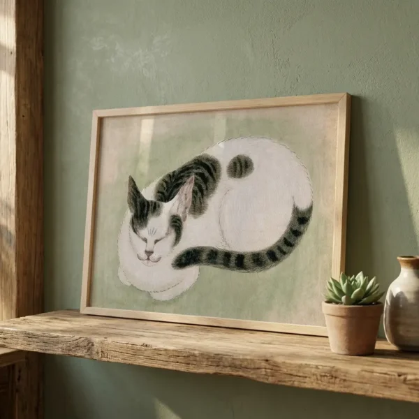 Framed illustration of a curled white cat with black markings resting on a rustic wooden shelf beside a small succulent plant.
