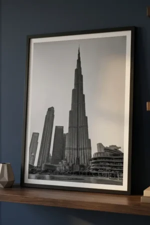 Burj Khalifa print on shelf on blue wall