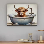 Highland Cow Girl in bath framed