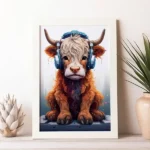Highland Cow with headphones in frame