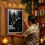 Deep spirits black and white rum print in a black frame