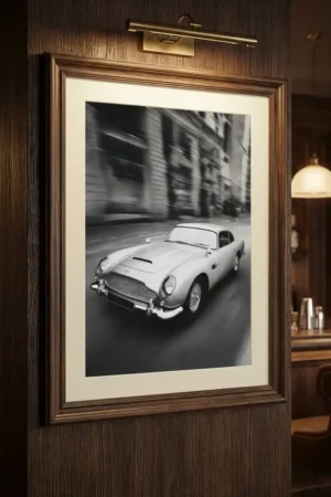 Aston Martin DB5 print in restaurant