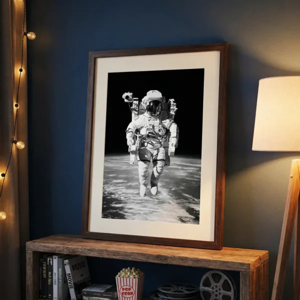 Astronaut art print on blue wall