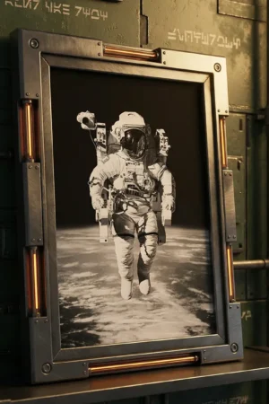 Astronaut art print on futuristic wall