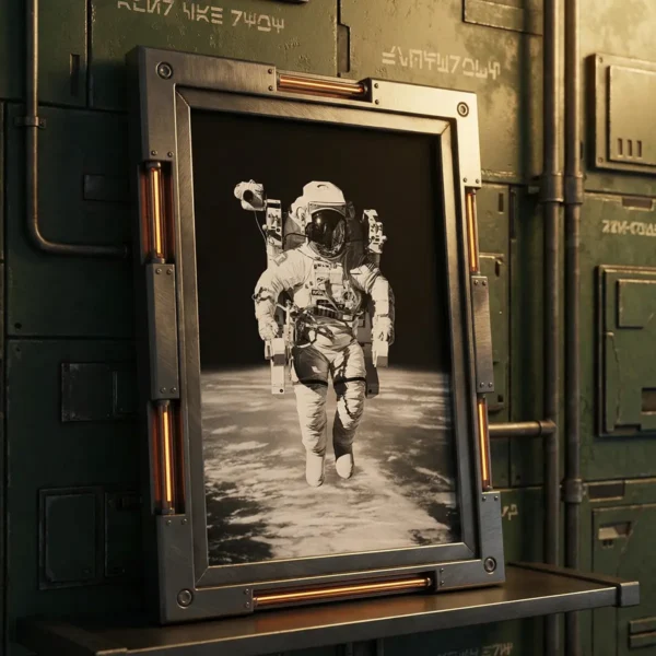 Astronaut art print on futuristic wall Astronaut art print on futuristic wall