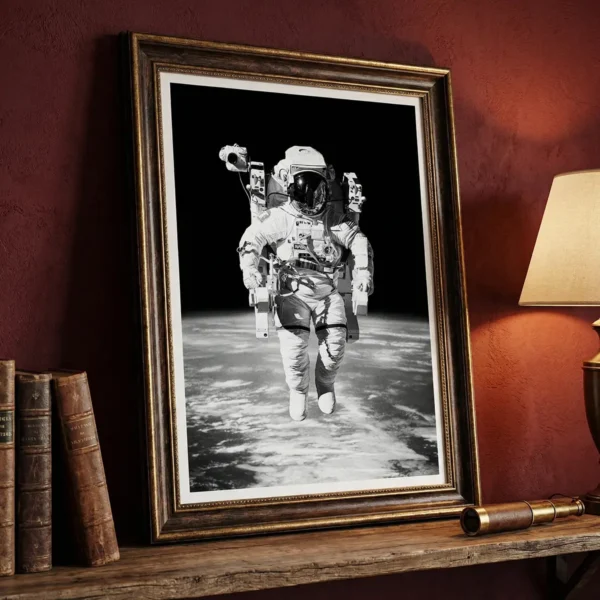 Astronaut art print on red wall