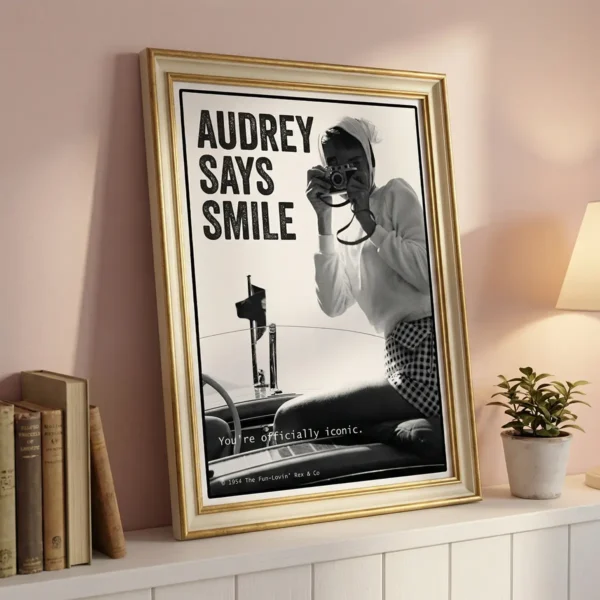 Audrey Hepburn print on peach wall