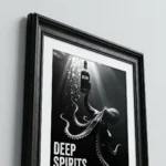 Framed black-and-white poster: an octopus holding a bottle labeled 'RUM', with 'DEEP SPIRITS' text at the bottom in a grayscale artwork.